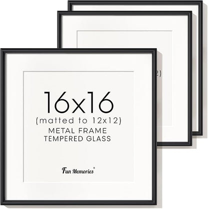 Fun Memories Black 16x16 Picture Frames Set of 3, 16 by 16 Metal Picture Frame for Wall, Suqare 16x16 Frame Matted to 12x12, Modern Black 16 x 16 Frame with Real Glass, 16 x 16 Wall Gallery Frames
