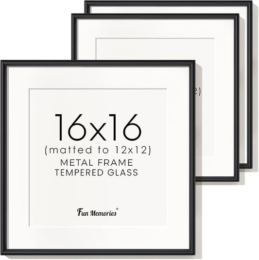 Fun Memories Black 16x16 Picture Frames Set of 3, 16 by 16 Metal Picture Frame for Wall, Suqare 16x16 Frame Matted to 12x12, Modern Black 16 x 16 Frame with Real Glass, 16 x 16 Wall Gallery Frames