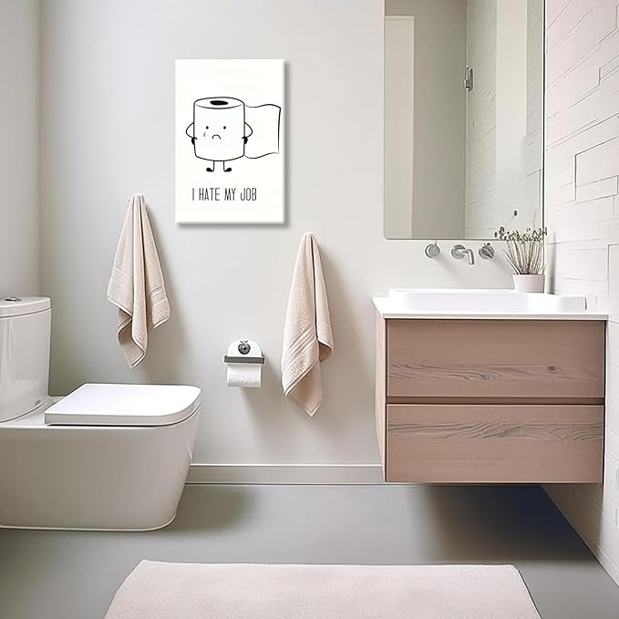 Framed Funny Bathroom Wall Art Set of 2,Black and White Cartoon Toilet Humor Canvas Prints,Cute Toothpaste and Toilet Paper Painting Pictures,Modern Minimalist Bathroom Decor for Home Restroom 12x16IN