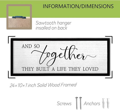 TQianJiang And So Together They Built A Life They Loved Above Bed Wall Decor 24"X10" for Master Bedroom Over Bed Sign Large Wood Framed Wall Hanging Art (Black)