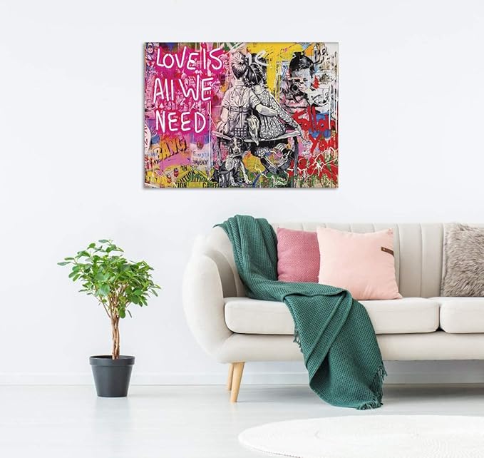 Graffiti Pop Wall Art Love Is All We Need Street Landscape of London City Canvas Paintings Art Pictures Stretched and Framed Ready to Hang Home Decor for Living Room Office Bar(24”W x 18”H)