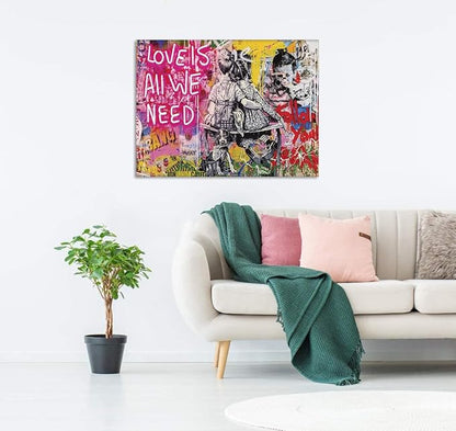 Graffiti Pop Wall Art Love Is All We Need Street Landscape of London City Canvas Paintings Art Pictures Stretched and Framed Ready to Hang Home Decor for Living Room Office Bar(24”W x 18”H)