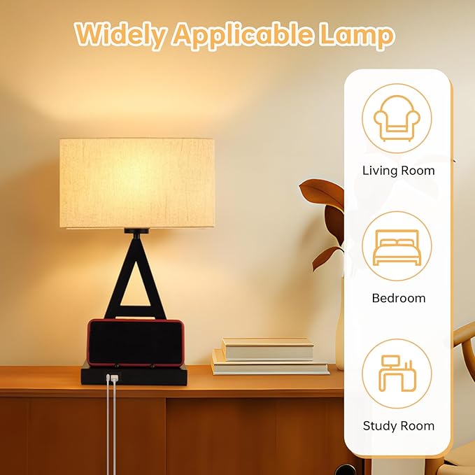 Button Control Table Lamp, Black A-Shape: 3-Way Dimmable Desk Lamp with USB C & USB A Ports, Fabric Shade Bedside Lamp with Phone Stand for Office, Bedroom, Living Room, Includes LED Bulb
