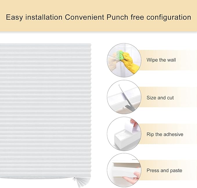 Window Blinds Cordless No Drill Cut to Size Clip On Stick On Self Adhesive Temporary Blinds Pleated Paper Blinds for Windows Doors Shades for Home Nursery Bedroom Kitchen Bathroom