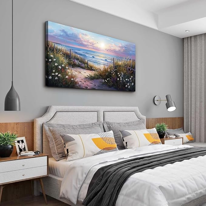 hyidecorart Canvas Wall Art For Living Room Wall DecorFor Bedroom Flower Beach Scenery Wall Painting Blue Ocean Pictures Artwork Office Decor Modern Framed Posters Home Decorations 20"X40"