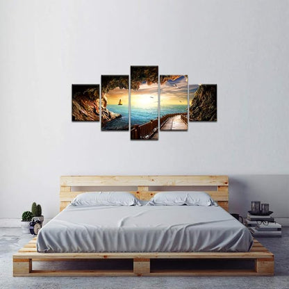 Sunset Seagulls Stone Scene Landscape Picture Modern Painting on Canvas 5 Piece Framed Wall Art for Living Room Bedroom Kitchen Home Decor Stretched Gallery Canvas Wrap Giclee Print (60’’W x 32’’H)