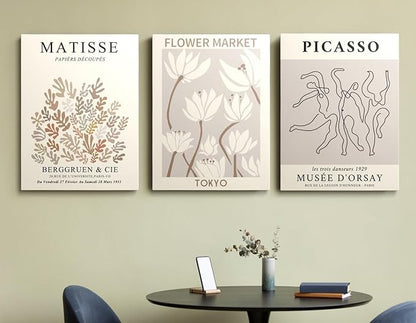 MINI ZOZI Matisse Wall Art Framed Flower Market Prints 12x16 3PCS Picasso Wall Decor Large Canvas Beige Posters Trendy Funky Aesthetic Abstract Line Minimalist Poster Danish Pastel Painting Bedroom Printing Neutral