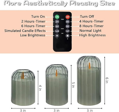 LEDHOLYT Rechargeable Flameless Candle, Flashing LED Pillar Real Wax Candle with Remote Control and Timer, Green Pumpkin Glass Electronic Candles for Room Decoration, 1 Set of 3