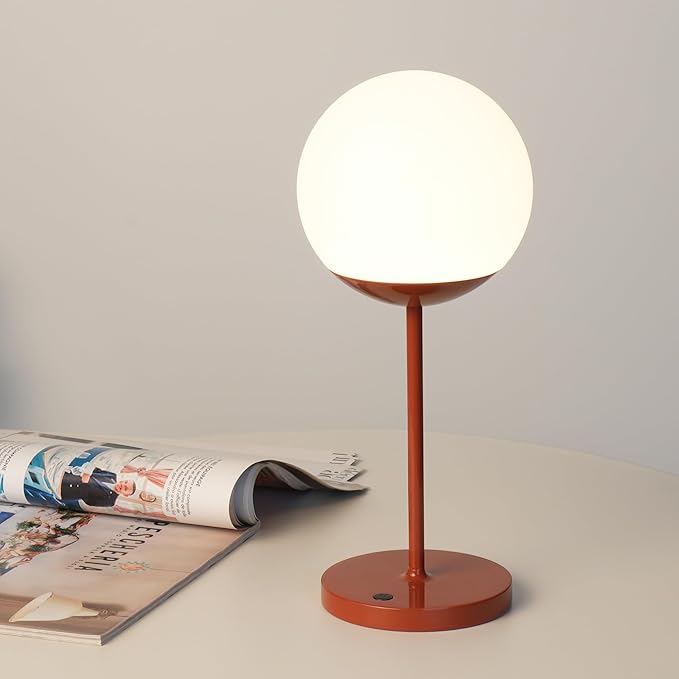WEILAILUX Cordless Table Lamp with Globe Shade, Rechargeable Dimmable Bedside Light, Shower Lamp Waterproof, Touch Control, 8-72 Hours Runtime, 2700K Warm White for Indoor Outdoor (Brick Red, Mini)