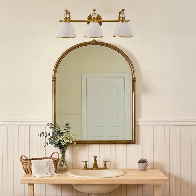 ANDY STAR Bathroom Light Fixture, 3-light Brass Vanity Light, Vintage Bathroom Lights Over Mirror with Crystal Beads, Wall Sconce Lighting with Frosted Milky Glass Shade, E26 Base (Bulbs Not Included)
