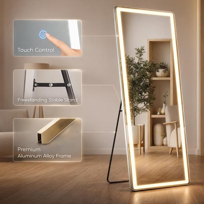 71" x 26" Arched Full Length Mirror with LED Lights, Floor Mirror with Stand, Wall Mirror Full Length, Body Floor Mirror, Wall Mounted Mirror for Bedroom, Dimmable, Tempered Glass