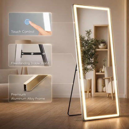 71" x 26" Arched Full Length Mirror with LED Lights, Floor Mirror with Stand, Wall Mirror Full Length, Body Floor Mirror, Wall Mounted Mirror for Bedroom, Dimmable, Tempered Glass