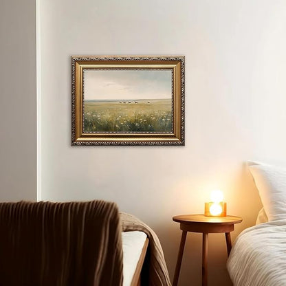 WZGZXU Vintage Gold Framed Wall Art Horse Canvas Art Wild Horses In Field Pictures Wall Decor Farmhouse Prints Country Paintings Landscape Artwork For Living Room Bedroom Gallery 12x16in