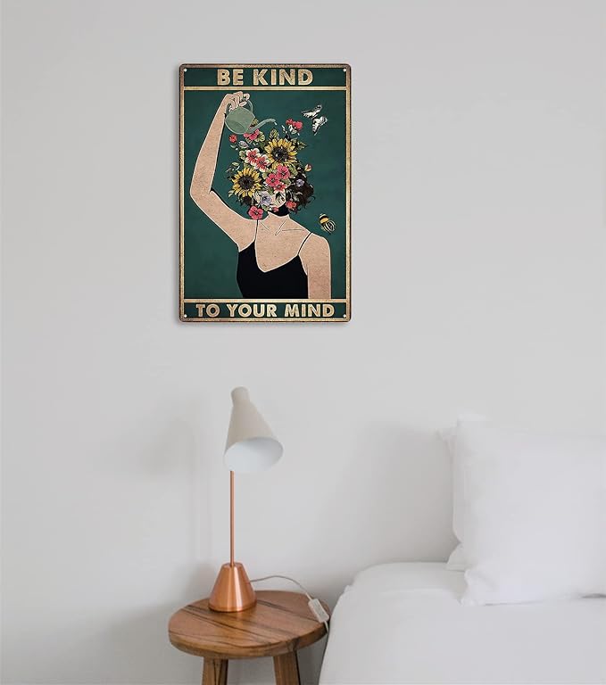 Fmcmly Vintage Tin Signs Be Kind to Your Mind Hippie Boho Art Poster Land Lady Gift Encouragement Gifts for Women Home Kitchen Office Bedroom Cafes Wall Decor 8x12 Inch