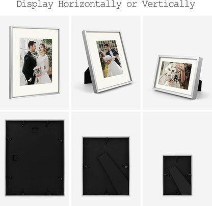 Golden State Art, Picture Frame Set 7 Pack, Gallery Wall Frame with One 11x14, Two 8x10, and Four 5x7. Aluminum Photos Frame for Wall or Tabletop Display (Style 1, Silver, 7 Pack)