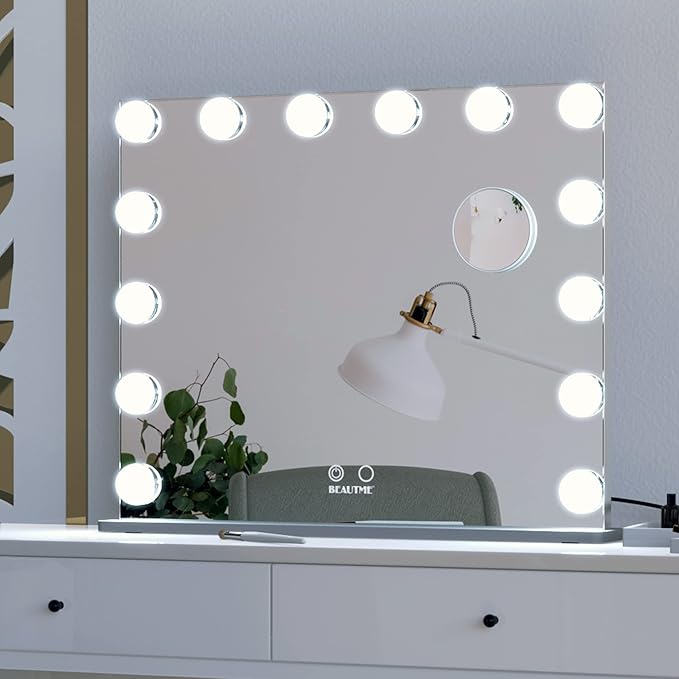 ANYHI Vanity Mirror with Light, Large Hollywood Lighted Makeup Mirror 14 Dimmable LED Bulbs, Smart Touch Control, Tabletop or Wall-Mounted, Detachable 10x Magnification, 24.4" x 20.2" (Silver)