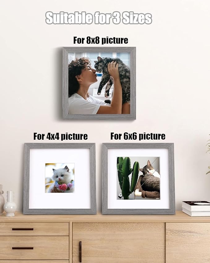 Egofine 8x8 Picture Frames Made of Solid Wood with Plexiglass, Display Pictures 4x4/6x6 with Mat or 8x8 Without Mat Set of 4 for Tabletop and Wall Mounting, Light Grey