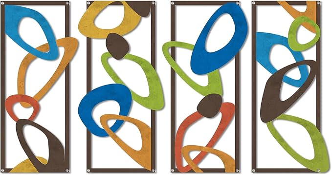 4 Pcs Mid Century Modern Decor Midcentury Retro Wall Art Elegance Wall Accents Metal Abstract Geometric Panels for Interior Wall Decor Panel Wall Art for Home Living Room