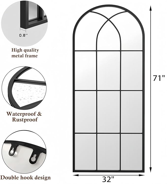 Dewfig 71"x32" Arched Window pane Full Length Mirror, Wall Mirror, Floor Standing Mirrors, Farmhouse Long Full Body Mirrors Wall Mounted for Living Room, Bedroom, Entryway, Fireplace, Black