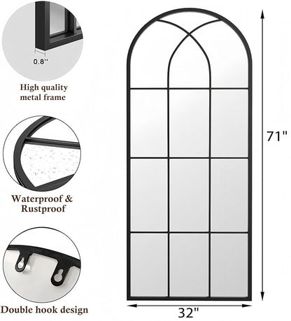 Dewfig 71"x32" Arched Window pane Full Length Mirror, Wall Mirror, Floor Standing Mirrors, Farmhouse Long Full Body Mirrors Wall Mounted for Living Room, Bedroom, Entryway, Fireplace, Black