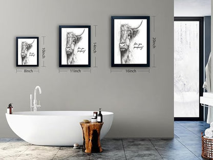 Gongyuanyihao Arts Funny Highland Cow Bathroom Wall Art with Black Frame, Are You Pooping Sign for Farmhouse Restroom Decor, Rustic Humorous Canvas Print Painting Ready to Hang 16"x20"