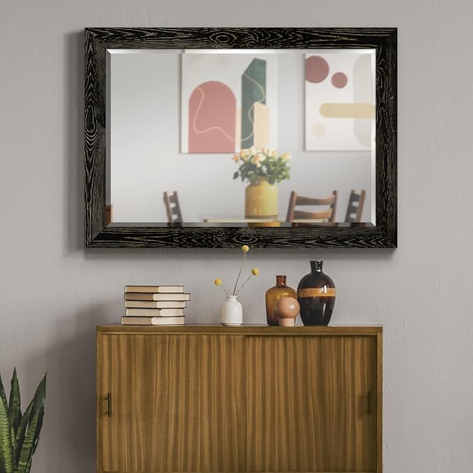 Wexford Home Black Rustic Mirror Rectangular Barnwood Framed Wall Mirror for Home Decor, Vertical or Horizontal Hanging, 41x29