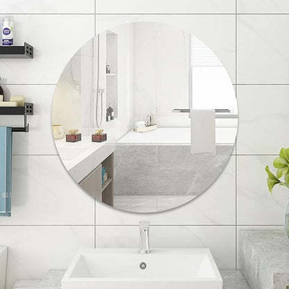 12 inch Glass Round Mirror with Adhesive Tapes, Frameless Wall Mounted Circle Mirror for Wall Door Home Bathroom Bedroom Living Room Decor