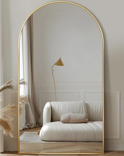 Full Length Mirror, 78"x38" Oversized Floor Mirror Freestanding, Full Body Floor Standing Mirror with Stand, Hanging Mounted for Bedroom Living Room, Gold, Arched Style