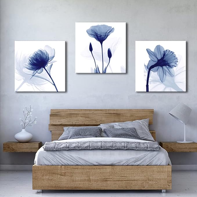 Wieco Art Blue Flowers 3 Panels Canvas Print Wall Art Modern Pictures Artwork for Living Room Bedroom and Home Decorations