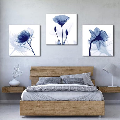 Wieco Art Blue Flowers 3 Panels Canvas Print Wall Art Modern Pictures Artwork for Living Room Bedroom and Home Decorations
