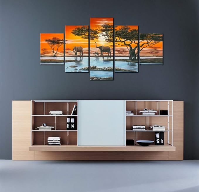 Wieco Art Elephant Family Large Modern 5 Piece Gallery Wrapped African Landscape Giclee Canvas Prints Artwork Animals Paintings Reproduction Pictures on Canvas Wall Art for Bedroom Home Decor L
