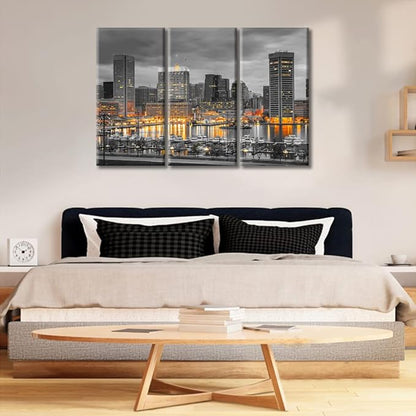 TUMOVO Baltimore Skyscrapers Cityscape Wall Decor for Bedroom 3 Piece American City Skyline Wall Decor Living Room Baltimore Architecture Posters and Prints Framed Ready to Hang (36" Wx24 H)