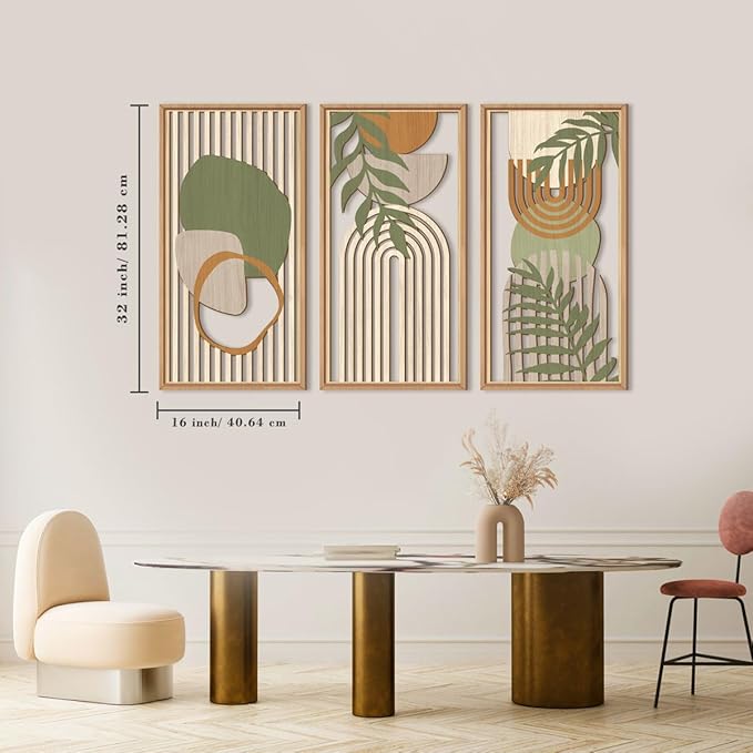 IARTTOP Large Boho Mid-century Modern Wood Wall Art 16x32 Inch Framed Green Abstract Leaf Wooden Wall Decor Bohemian Minimalist Geometric Wall Art Decor for Bedroom Living Room Office Set of 3