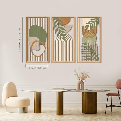 IARTTOP Large Boho Mid-century Modern Wood Wall Art 16x32 Inch Framed Green Abstract Leaf Wooden Wall Decor Bohemian Minimalist Geometric Wall Art Decor for Bedroom Living Room Office Set of 3