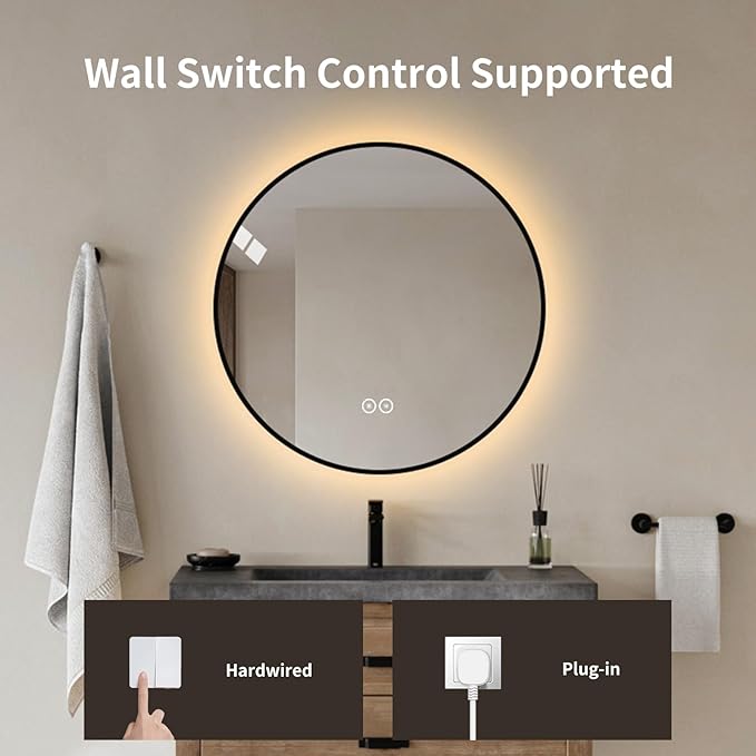 Round LED Bathroom Mirror with Gold Frame, 24V Backlight, 3 Color Temperatures, Dimmable, Memory Function, Defogging (Black Border, 28" L x 28" W)