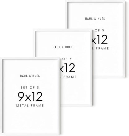 HAUS AND HUES 9x12 White Aluminum Frame Set of 3 - Vertical & Horizontal Hanging, Shatterproof Plexiglass (9x12 in, White)