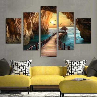 Yatsen Bridge 5 Panels Sea Rocks Wall Art Ocean and Seagulls Pictures Seascape Paintings on Canvas Artwork for Living Room Bedroom Home Decor Wooden Framed Ready to Hang - 60''W x 40''H