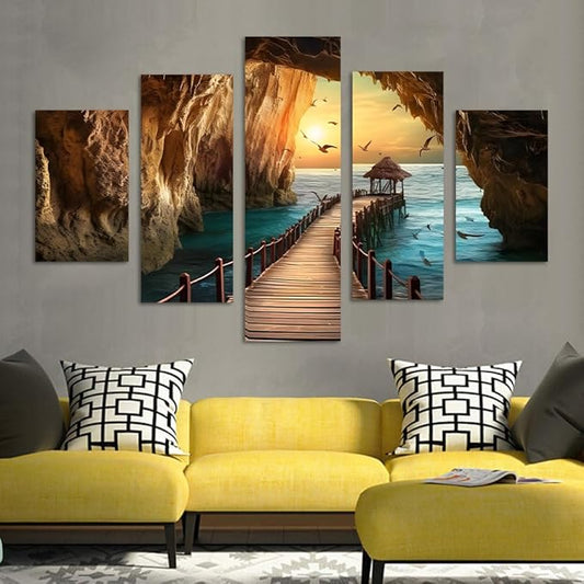 Yatsen Bridge 5 Panels Sea Rocks Wall Art Ocean and Seagulls Pictures Seascape Paintings on Canvas Artwork for Living Room Bedroom Home Decor Wooden Framed Ready to Hang - 60''W x 40''H