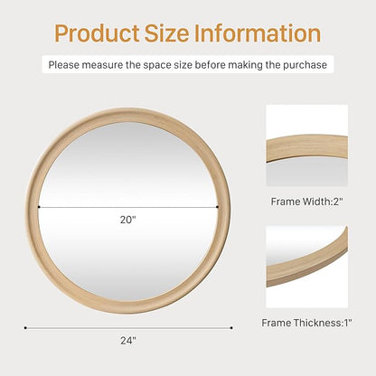 CULER Round Wall Mirrors 24 Inch,Natural Rustic Decorative Transitional Mirror with Wood Grain Frame for Wall,Farmhouse Hanging Vanity Mirror for Bathroom Bedroom Living Room or Entryway