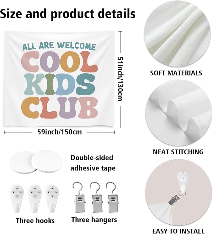 Kids Room Wall Tapestry, All Are Welcome Cool Kids Club Wall Tapestry Backdrop,Colorful Wall Hanging Decor, Inspirational Classroom Banner for Toddler Room, Playroom, Nursery (Colorful-Cool kids)