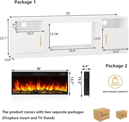 TAVATA Fireplace TV Stand Entertainment Center with 36" Fireplace, 70" Wooden TV Stand for TVs Up to 80", Media TV Console with High Gloss Storage Cabinet and 16 Colors LED Lights (White)