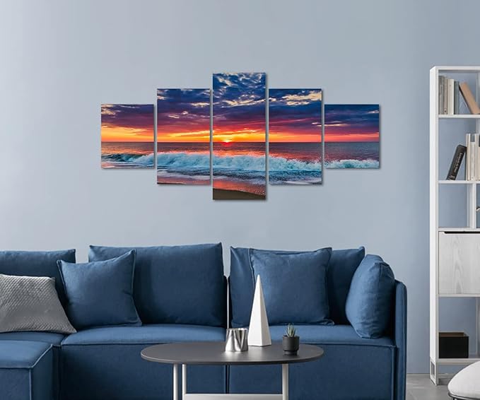 Ocean Decor Canvas Prints Set of 5 Prints Sunset Landscape Poster Cityscape Artwork for Living Room Kitchen Bedroom Decoration Office Home Decor Gift Framed Easy to Hang -50" Wx24 H