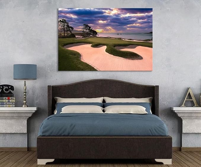 chenchenArt Pebble Beach Golf Course Wall Art for Living Room Bedroom Bathroom Home Decorations Golf Course Picture Poster Wall Decor for Office Canvas Prints Framed Ready to Hang(18''H x 24''W)