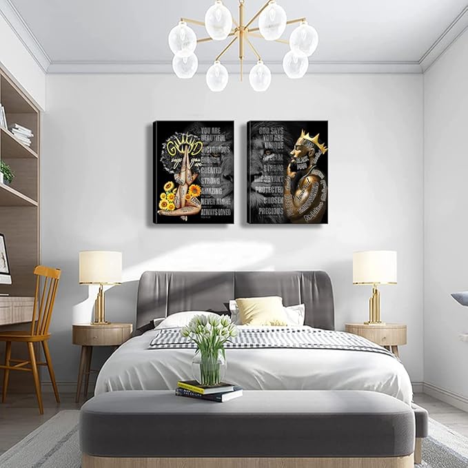 2 Pecs Framed Black King and Queen Wall Art Black Couple African American Men Portrait Wall Art Black Men Art Afro King Poster Abstract Contemporary Canvas Prints Painting Home Decor for Bedroom