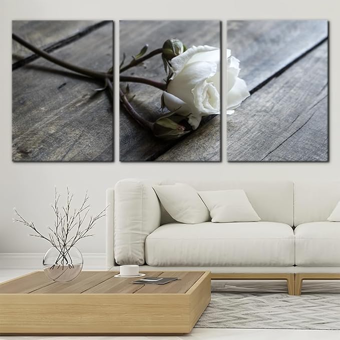 Pacimo White Rose Canvas Wall Art Prints Flowers Pictures Paintings Prints on Canvas Modern 3 Pieces Floral Giclee Artwork for Living Room Bedroom Office Home Decorations Stretched Framed - 20"x28"x3