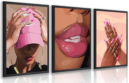 Hianan Fashion Black Girl Canvas Wall Art Modern Trendy African American Black Woman Poster Prints Pink Abstract Black Girl Aesthetic Pictures for Living Room Wood Framed Ready to Hang 12"x16"x3