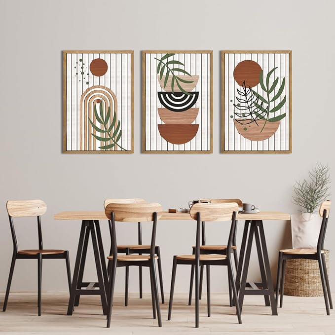 DRACIT Large Boho Mid century Wood Framed Canvas Wall Art Set,Modern Neutral Bohemian Wooden Wall Decor,Minimalist Abstract Geometric Leaf Wall Sculptures for Living Room,Bedroom,Office-16 x24×3