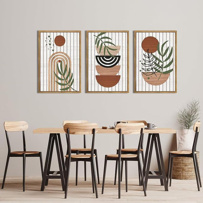 DRACIT Large Boho Mid century Wood Framed Canvas Wall Art Set,Modern Neutral Bohemian Wooden Wall Decor,Minimalist Abstract Geometric Leaf Wall Sculptures for Living Room,Bedroom,Office-16 x24×3