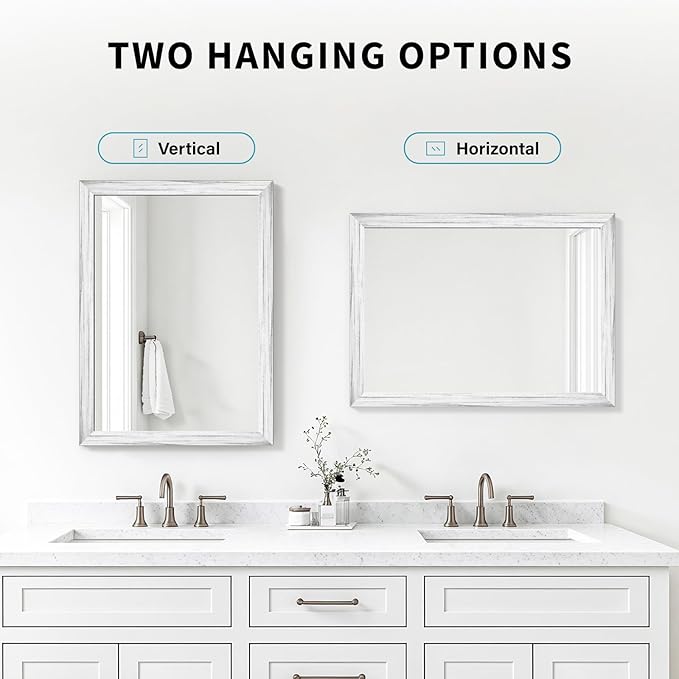 White Grey Wood Effect Framed Wall Mirror, 22x30 Rectangle Mirror, Anti-desilvering Tempered Glass, Sturdy Frame, Farmhouse Mirror, Anti-Rust, 3min Fast Setup for Bathroom Living Room