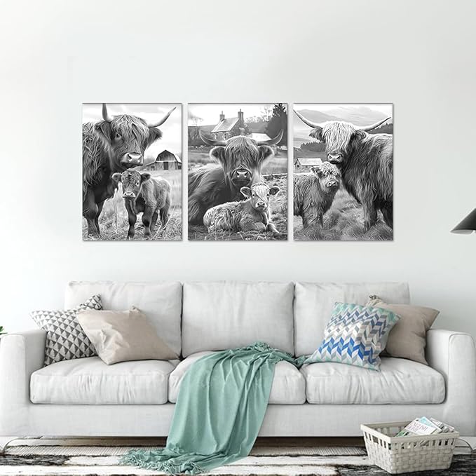 Rustic Cow Family Canvas Wall Art 3 Piece Black and White Highland Cow Picture for Bathroom Wall Decor Cute Animal Print Artwork for Country House Gallery Bedroom Decoration 20x28inchx3pcs